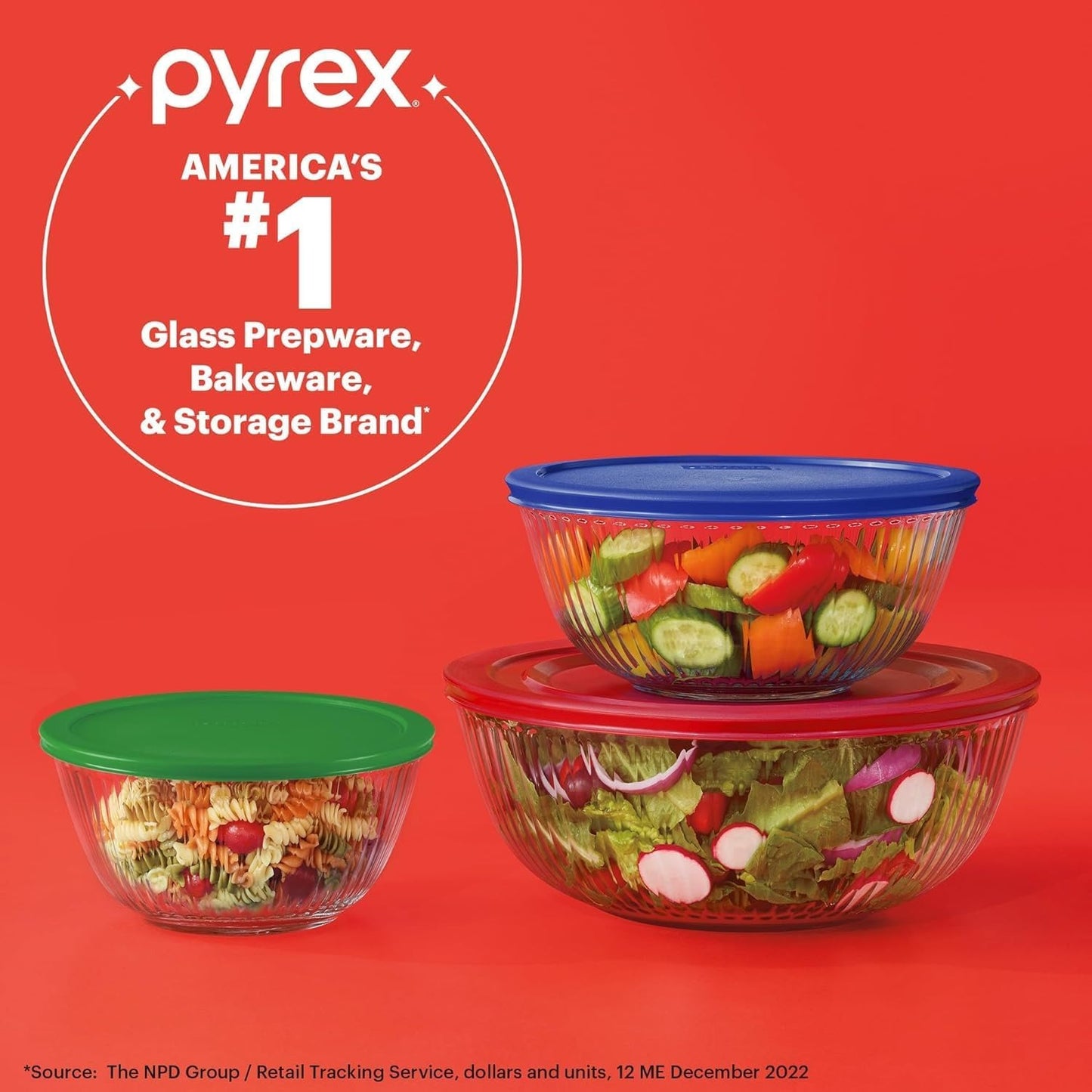 Pyrex Sculpted (3-Pack) Glass Mixing Bowls Set With Plastic Lids For Prepping, Baking and Cooking, Preheated Oven, Dishwasher, Freezer, and Microwave Safe