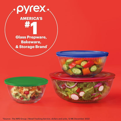 Pyrex Sculpted (3-Pack) Glass Mixing Bowls Set With Plastic Lids For Prepping, Baking and Cooking, Preheated Oven, Dishwasher, Freezer, and Microwave Safe