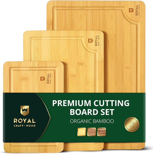 ROYAL CRAFT WOOD Wooden Cutting Boards for Kitchen Meal Prep & Serving - Bamboo Wood Serving Board Set with Deep Juice Groove Side Handles - Charcuterie & Chopping Butcher Block for Meat