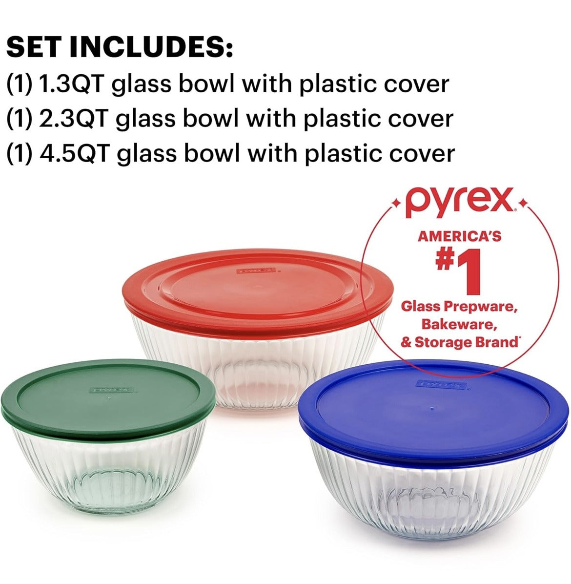 Pyrex Sculpted (3-Pack) Glass Mixing Bowls Set With Plastic Lids For Prepping, Baking and Cooking, Preheated Oven, Dishwasher, Freezer, and Microwave Safe