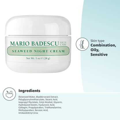 Mario Badescu Seaweed Night Cream for Women Anti Aging Oil-Free Moisturizer with Collagen & Sodium Hyaluronate, Ideal for Combination