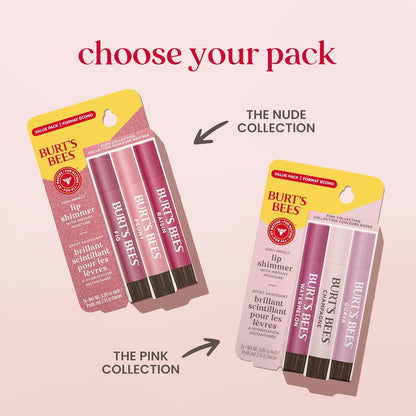 Burt's Bees Lip Shimmer Pink Collection, Tinted Lip Balm Stick, Moisturizing for All Day Hydration with Natural Glowy Pigmented Finish & Buildable Color, 3 Shades; Value Pack, 3 Tubes x 0.09 Oz