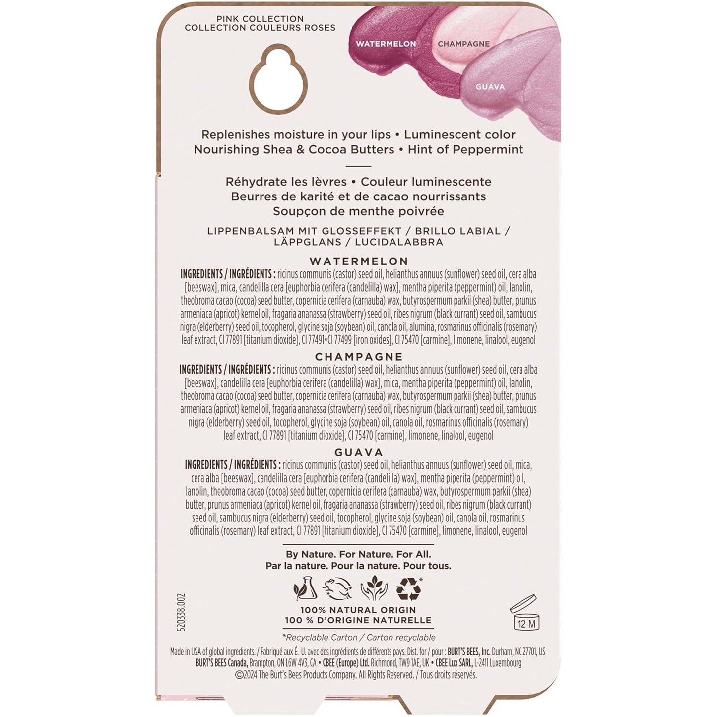 Burt's Bees Lip Shimmer Pink Collection, Tinted Lip Balm Stick, Moisturizing for All Day Hydration with Natural Glowy Pigmented Finish & Buildable Color, 3 Shades; Value Pack, 3 Tubes x 0.09 Oz