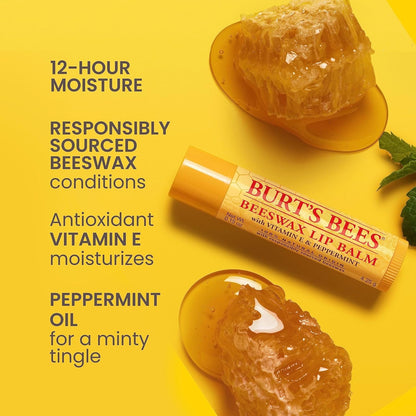 Burt's Bees Lip Balm - Original Beeswax 12 Count Pack in Bulk, Lip Moisturizer With Responsibly Sourced Beeswax, Tint-Free, Natural Origin Conditioning Treatment, 12 Tubes, 0.15 oz