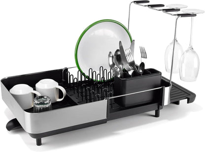 Joseph Joseph Extendable Dish Drying Rack with Dual Parts - Stainless Steel, Non-Scratch, Movable Utensil Drainer & Drainage Spout, Gray