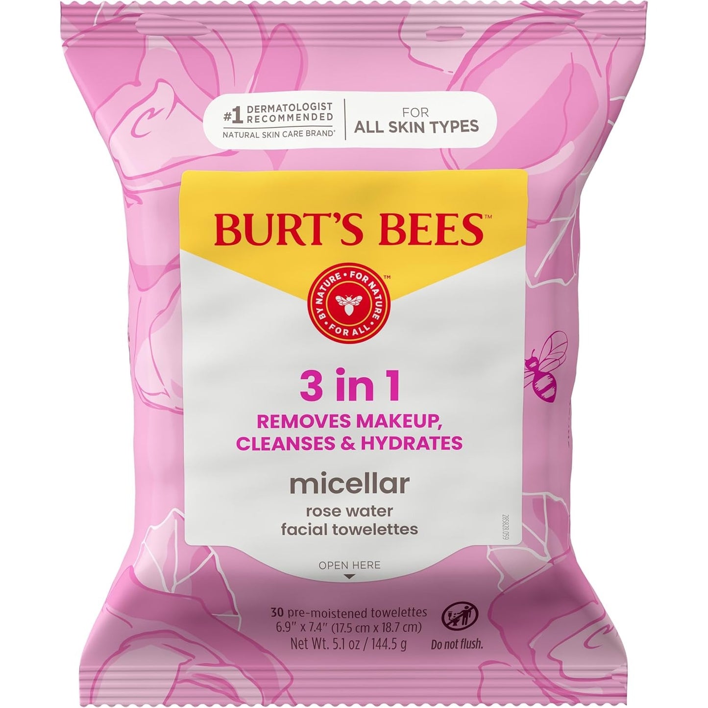 Burt’s Bees Micellar Rose Water Facial Towelettes, 100% Plant Based Cloth; 99% Natural Origin; Remove Makeup, Cleanse, Hydrate; No Oily Residue; All Skin Types; 30 Ct, Pack of 3 (Pack May Vary)