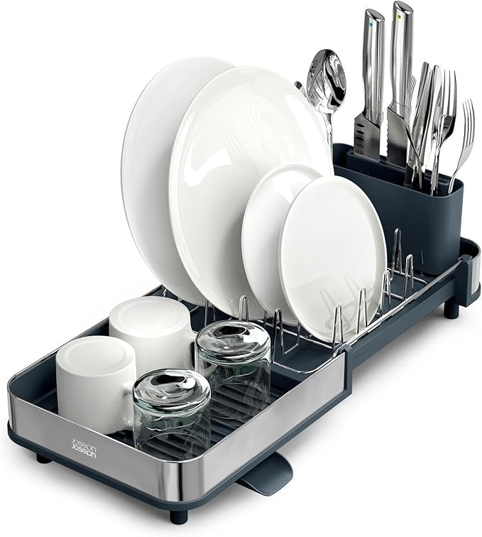 Joseph Joseph Extendable Dish Drying Rack with Dual Parts - Stainless Steel, Non-Scratch, Movable Utensil Drainer & Drainage Spout, Gray
