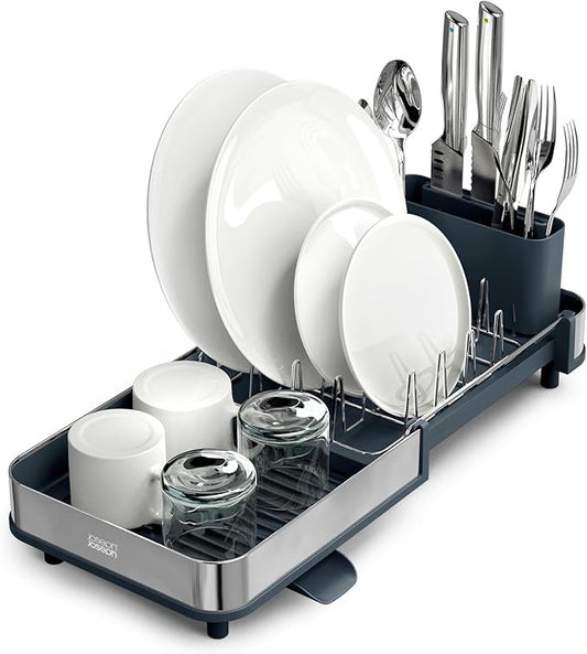 Joseph Joseph Extendable Dish Drying Rack with Dual Parts - Stainless Steel, Non-Scratch, Movable Utensil Drainer & Drainage Spout, Gray
