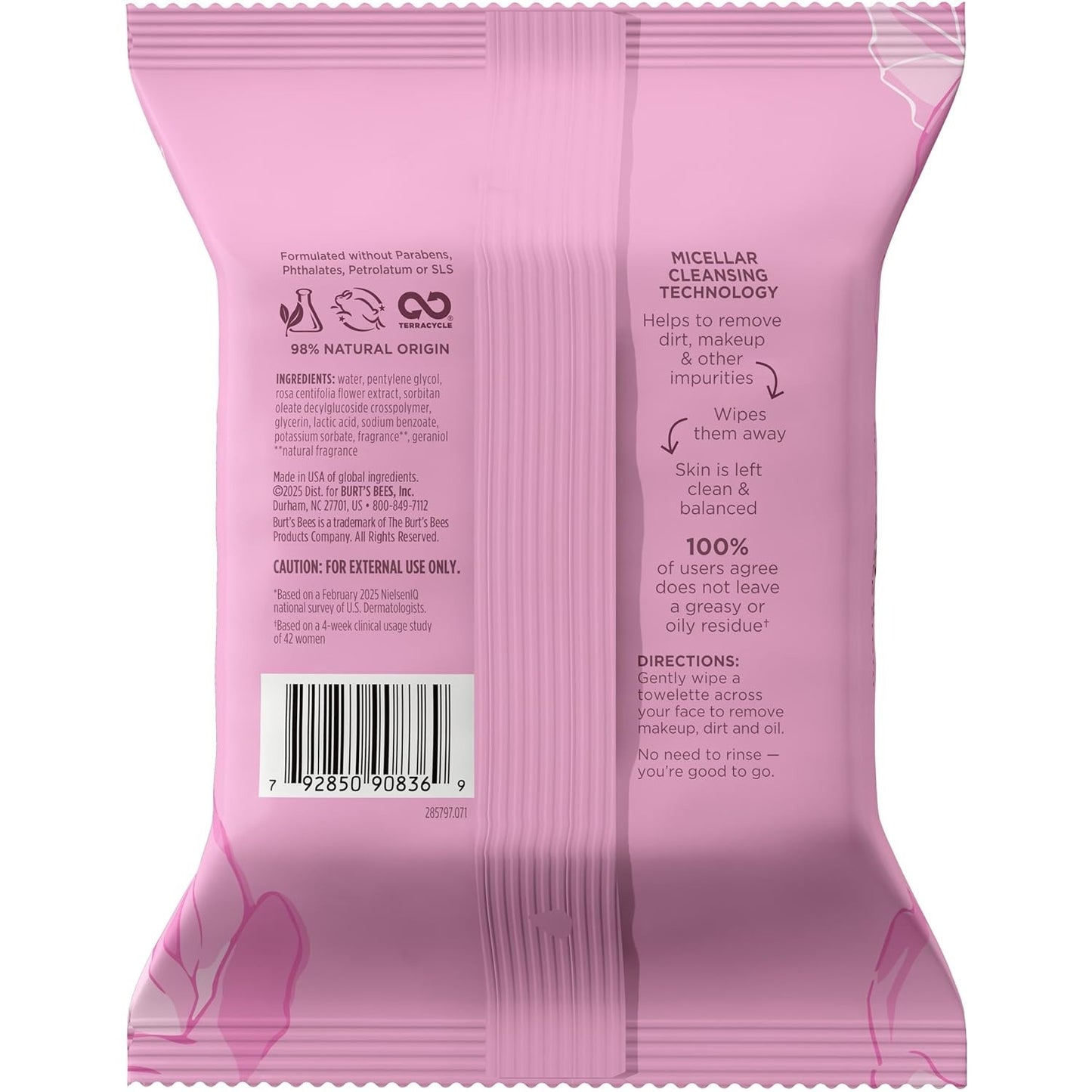 Burt’s Bees Micellar Rose Water Facial Towelettes, 100% Plant Based Cloth; 99% Natural Origin; Remove Makeup, Cleanse, Hydrate; No Oily Residue; All Skin Types; 30 Ct, Pack of 3 (Pack May Vary)
