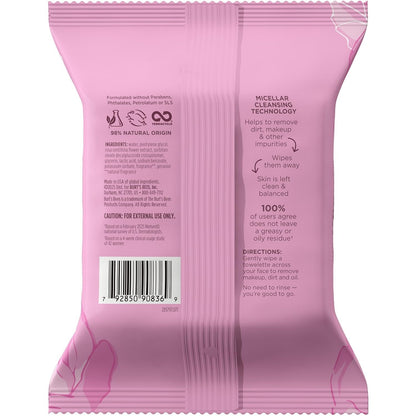 Burt’s Bees Micellar Rose Water Facial Towelettes, 100% Plant Based Cloth; 99% Natural Origin; Remove Makeup, Cleanse, Hydrate; No Oily Residue; All Skin Types; 30 Ct, Pack of 3 (Pack May Vary)