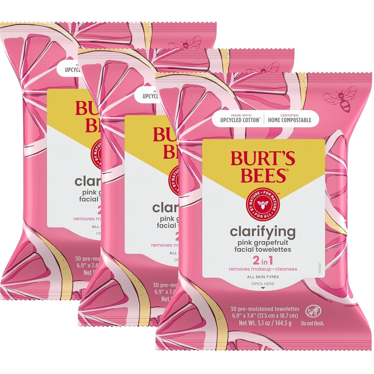 Burt’s Bees Micellar Rose Water Facial Towelettes, 100% Plant Based Cloth; 99% Natural Origin; Remove Makeup, Cleanse, Hydrate; No Oily Residue; All Skin Types; 30 Ct, Pack of 3 (Pack May Vary)