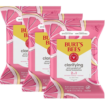 Burt’s Bees Micellar Rose Water Facial Towelettes, 100% Plant Based Cloth; 99% Natural Origin; Remove Makeup, Cleanse, Hydrate; No Oily Residue; All Skin Types; 30 Ct, Pack of 3 (Pack May Vary)