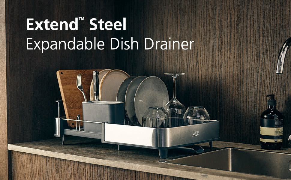 Joseph Joseph Extendable Dish Drying Rack with Dual Parts - Stainless Steel, Non-Scratch, Movable Utensil Drainer & Drainage Spout, Gray